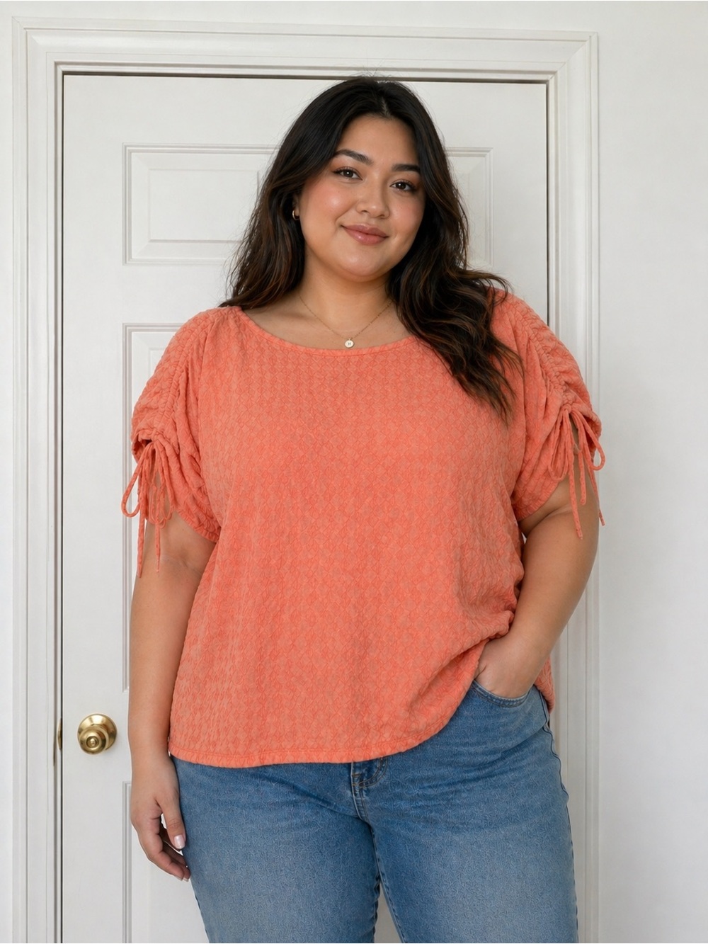 French Laundry Coral Ruched Tie-Sleeve Short Sleeve Top